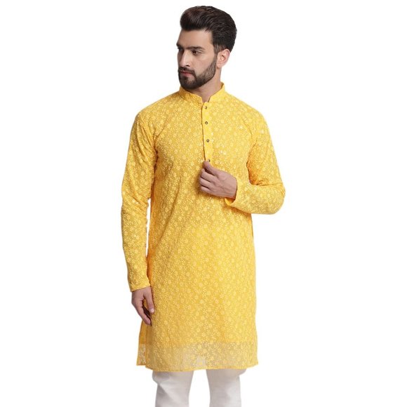 Men Chikankari Georgette Yellow Color Kurta Full Sleeve Knee Length Kurta - Picture 1 of 6